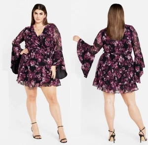 City Chic Women Plus Size 18 Black Purple Floral Faux Wrap Bell Sleeve Dress NWT - Picture 1 of 11