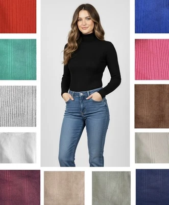 Ladies Marks Ribbed Jumper Polo Roll Neck Long Sleeved Black Pink Blue Sweater - Image 1 of 4