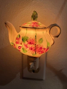 Teapot Fine Porcelain Wall Plug In Night Light Pink Rose Floral Gold Trim 4" - Picture 1 of 12