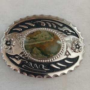 Fibbia cintura western cowboy vintage pietra marrone centro argento nero nativo am. - Foto 1 di 8