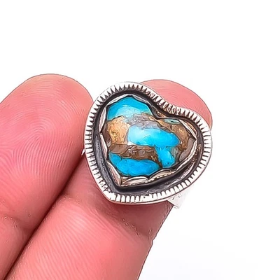 Heart -Copper Blue Turquoise Oxidised Gemstone 925 Sterling Silver Ring s.6 R19 - Image 1 of 4