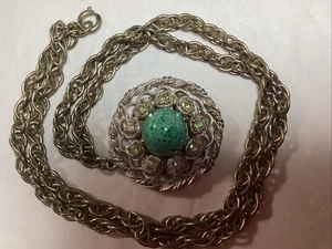 Vintage Schiaparelli Pendant Necklace: Rhinestones, Cabochon; Silver-Tone - Picture 1 of 7