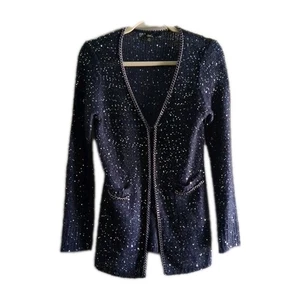 Cardigan donna Sioni maglia maglione XS blu navy tasche paillettes catena accento - Foto 1 di 7