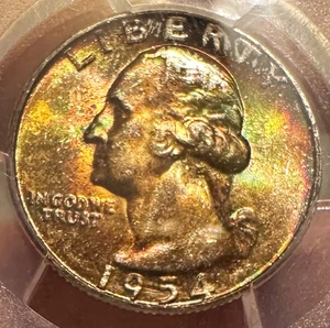 🌈 RAINBOW Toned 1954 Washington Quarter PCGS MS66+ • Stunning Color- PLUS grade - Foto 1 di 3