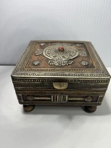 Vintage Handcrafted Wood And Silver Box Morocco Jeweled - Picture 1 of 15