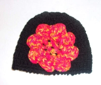 Handmade Boutique Crochet Knit Black with Orange Flower  Sm Baby Girl Hat - Image 1 of 2