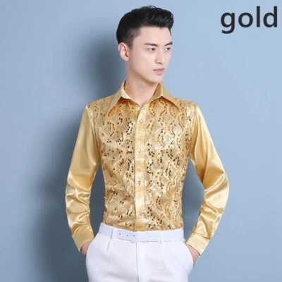 Men Party Sequin Top Fit Shirt Faux Silk Satin Button Singer Performance Costume - Image 1 of 4