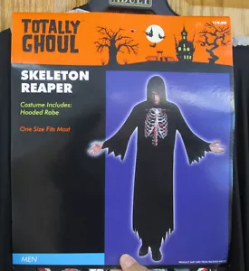 Skeleton Reaper Halloween Costume Mens Black Hooded Robe Bloody Chest Rib Cage - Picture 1 of 3