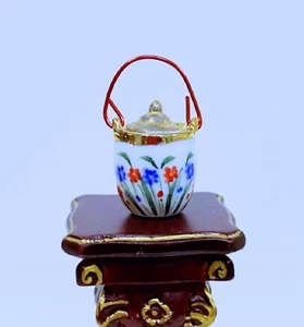 Dollhouse Miniature Hand-Painted Biscuit Barrel / Jar With Cover & Handle - Picture 1 of 2