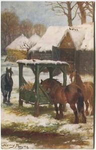 HORSES IN FARMYARD, SNOW, RURAL, HARRY PAYNE -Art Postcard Tuck - Picture 1 of 2