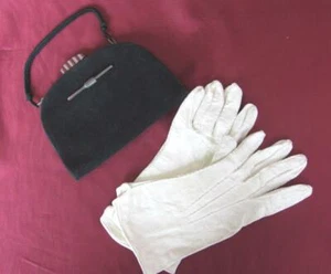 1930s ANTIQUE ART DECO LADIES PURSE AND FINE LEATHER GLOVES SET - Picture 1 of 12