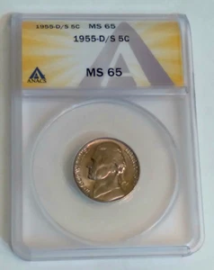 1955 D/S Jefferson Nickel MINT ERROR 5C MS65 ANACS - Picture 1 of 5