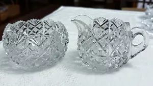 ANTIQUE BRILLIANT PERIOD CUT GLASS CREAMER & SUGAR, Diamonds & Fans - Picture 1 of 9