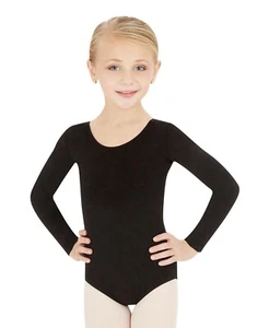 New $49 Capezio Black Girl's Solid Dance Long Sleeve Leotard Bodysuit Top Size M - Picture 1 of 2
