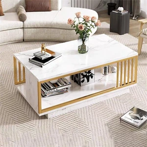 Modern White Gold Coffee Table High Gloss Marble Veneer Rectangle End/side Table - Picture 1 of 14