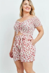 Womens Plus Size Pink Floral Shorts 2XL Tie Accent Pockets Summer Travel - Picture 1 of 2