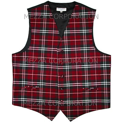 New Men's Plaid Tuxedo Vest Waistcoat only Plaid checkers Red Wedding formal - Image 1 of 2