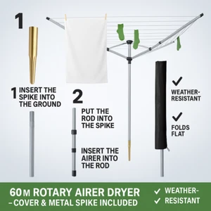 60M Rotary Airer Clothes Dryer Heavy Duty 4 Arm Garden Outdoor Washing Line 50M - Picture 1 of 12