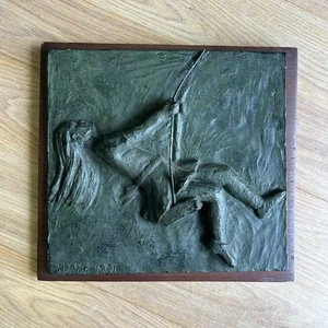 Vintage Perky Relief Sculptor Wall Hanging Signed Girl Swing Green 3D 60s MCM - Picture 1 of 5