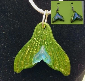Meerjungfrau Schwanz Halskette & Ohrring Combo Handarbeit Strand Ozean Sexy Fantasy Schmuck - Bild 1 von 9