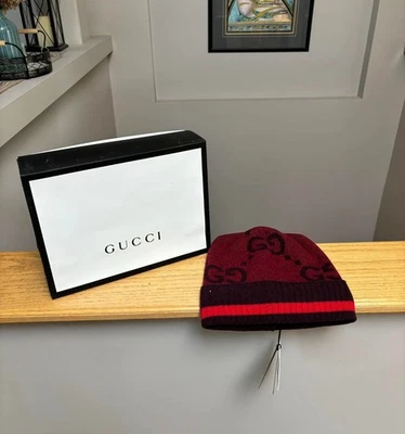 Gucci Red Burgundy Cashmere Monogram Beanie - Medium - $600 - New - Authentic - Image 1 of 3