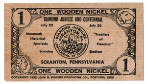 Diamond Jubilee & Centennial Scranton, Pennsylvania 1938 Vintage Wooden Nickel - Picture 1 of 2