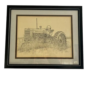 Gary Adelman John Deere Traktor Zeichnung im schwarzen Rahmen 1985 Vintage - Bild 1 von 4