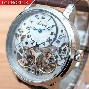Mens Double Flywheel Automatic Mechanical Watch Silver White Dial Brown Leather - Picture 1 of 12
