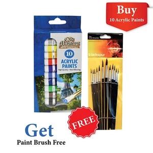 ACRYLIC PAINT SET TUBE 10 x 6ML, 12 FREE BRUSHES PERFECT FOR CANVAS WOOD CERAMIC - Picture 1 of 8