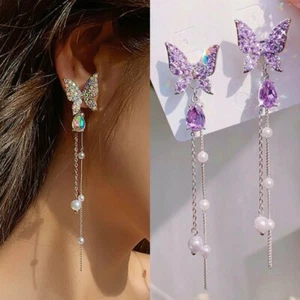 Tassel Butterfly Drop Dangle Ear Earrings Stud Crystal Women Wedding Jewelry New - Picture 1 of 12