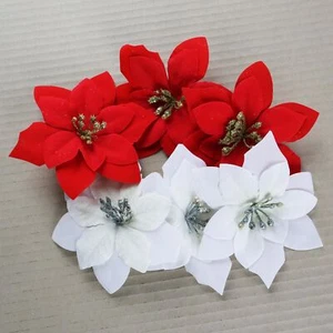 Poinsettia in velluto artificiale con stami e steli glitter sfusi Natale - Foto 1 di 7