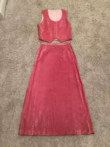 Vintage Hand Sewn Pink Crushed Velvet Women's Maxi Skirt & Vest 2pc Outfit Small - Picture 1 of 19