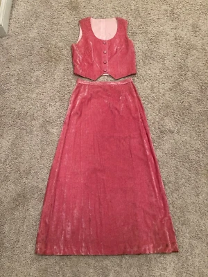 Maxi falda y chaleco vintage cosido a mano rosa de terciopelo aplastado para mujer 2 piezas conjunto pequeño Foto 1 de 4