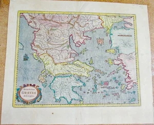 GREECE MERCATOR NOVA TOTIUS GRAECIAE 1630'S HAND COLORED MAP LATIN TEXT - Picture 1 of 6