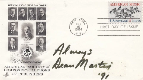 US 15 OCTOBER 1964 ASCAP FIRST DAY COVER HAND SIGNED BY DEAN MARTIN Cover