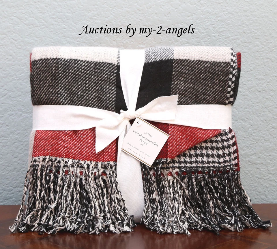 Pottery Barn Christmas WHITAKER REVERSIBLE THROW Blanket RED *Plaid Houndstooth - Image 1 of 1