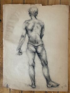 Charcoal Study Paper Portrait Male Figure Drawing on Paper 1950s 18 x 24 GAY INT