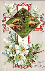 Vintage Easter Postcard ~ Embossed Sheep & Shepherd Scene Silver Gilt 1910 - Picture 1 of 3
