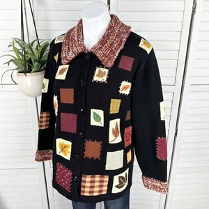 Storybook Knits Fall Autumn Leaf Patch Knit Cardigan Sweater Embellished Size M - Picture 1 of 7