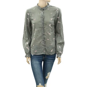 266556 Odd Molly Anthropologie Buttondown Ruffle Shirt Top Embroidered S-1 NEW - Picture 1 of 5