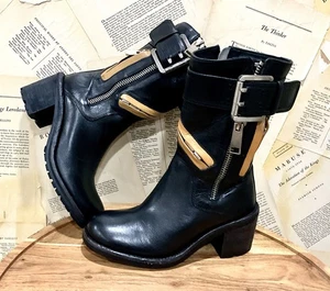 Free People Almost Vintage Moto Boots Black Leather Tan Trim Zip 36,6 /6,5 NEU - Bild 1 von 10