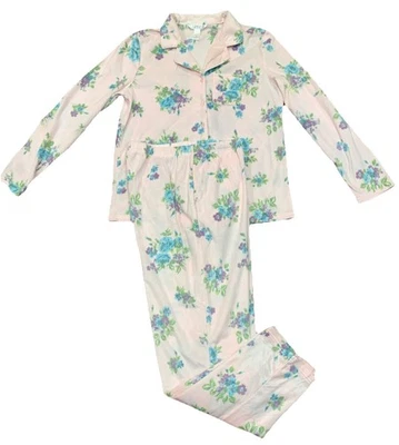 睡衣套装 Adonna Warm Fleece M 码粉红色蓝色玫瑰印花全新女式 — 第 1/4 张图片