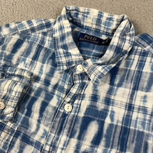 Polo Ralph Lauren Button Shirt Men's XL Blue Tie Dye Plaid 100% Linen - Picture 1 of 10