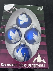 Christmas by Krebs Blue Glass Ornaments Doves Set of 4 Made in USA Vintage - Picture 1 of 4