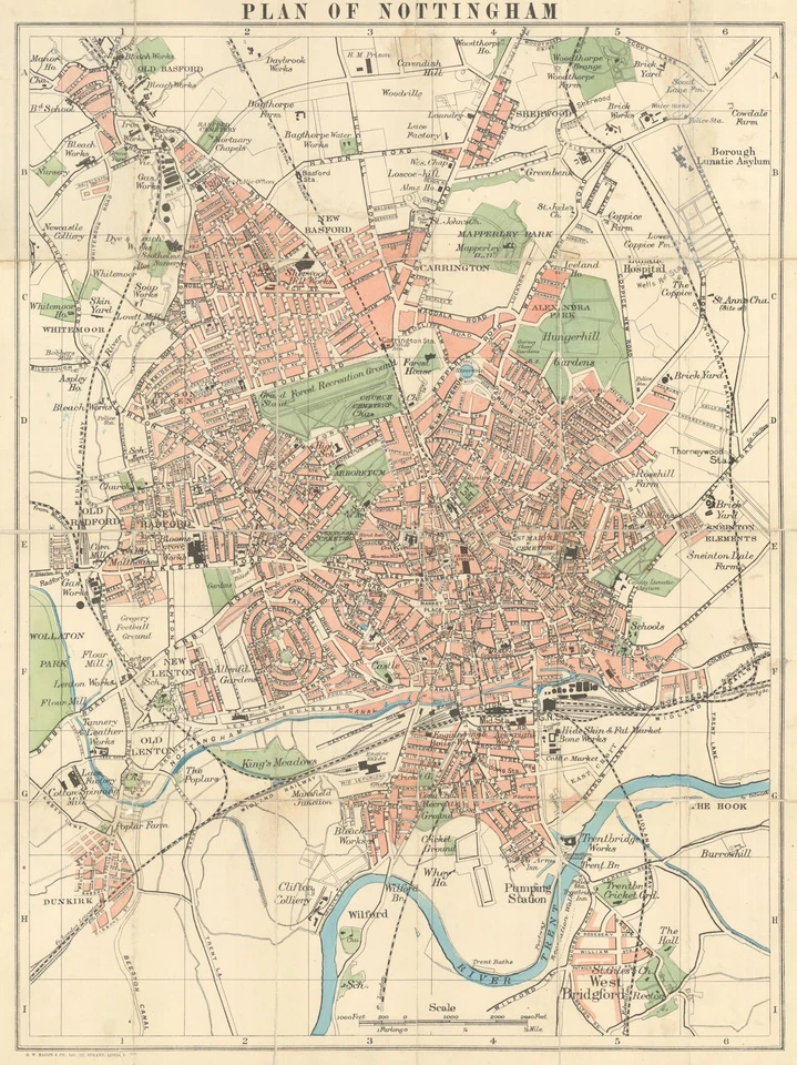 Bacon's Large Scale Plan of Nottingham c1897 old antique map chart - Image 1 of 1