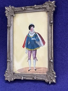 ANTIQUE MINIATURE REVERSE HAND PAINTED TRANSFER PORTRAIT MEDIEVAL COSTUME FRAME - Picture 1 of 15