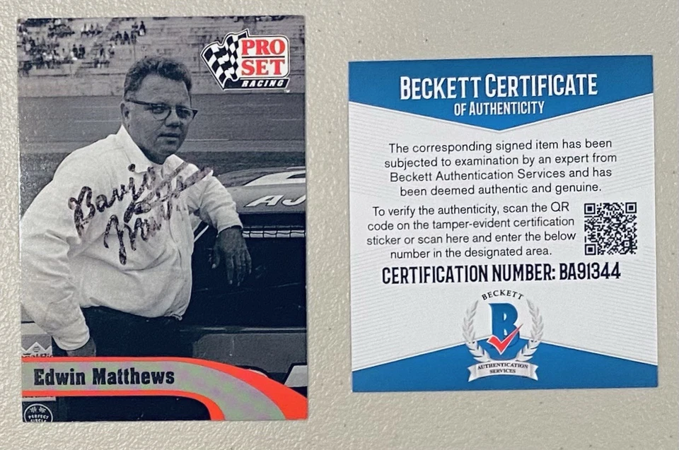 Edwin Banjo Matthews Signed Autographed 1992 Pro Set Card L18 Beckett BAS NASCAR - Image 1 of 1
