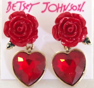 NEW BETSEY JOHNSON 3D RED ROSE FLOWER & VALENTINE HEART GEM DROP DANGLE EARRINGS - Picture 1 of 16
