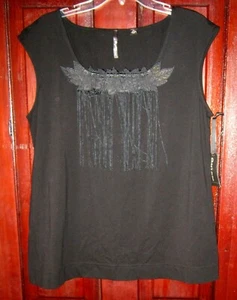 Skye's The Limit New XL Stretch Knit Top Shirt Blouse Black Lace Tassel Fringe - Picture 1 of 2