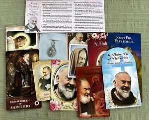 Padre Pio Lot Relic Prayer Card Medal on Chain Devotions Booklet Rosary 12 Items